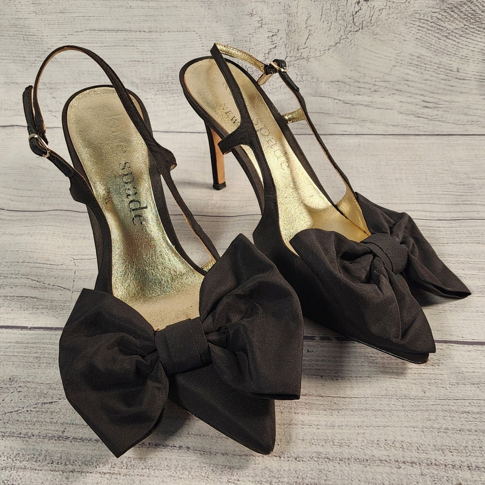 Kate Spade New York Sheela Slingback 7.5 B Pumps Black Bow Pointed Toe Heels